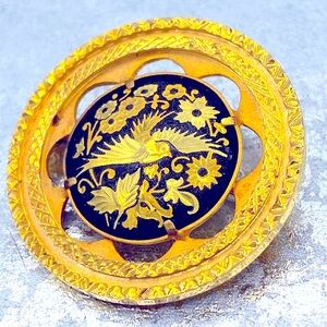 Vintage Toledo Damascene Round Gold And Black Brooch Etched Birds And Flowers